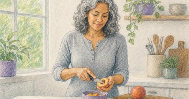 A woman calmly preparing fruit at her kitchen counter in soft light.