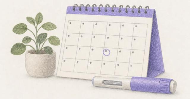 Wall calendar with a weekly injection pen resting on it