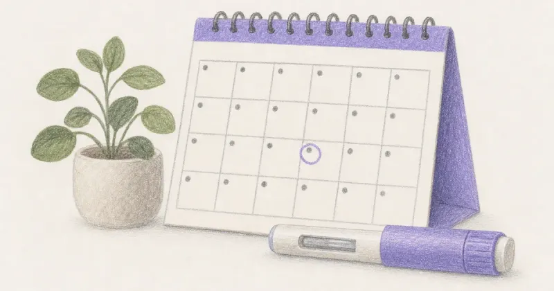 Wall calendar with a weekly injection pen resting on it