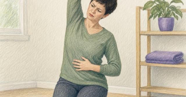 Woman pausing mid stretch on a home mat with one hand resting on her upper stomach