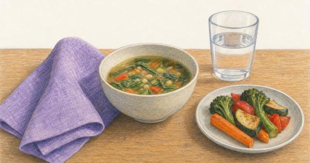 A light early dinner of soup, water, and vegetables on a wooden table in soft evening light