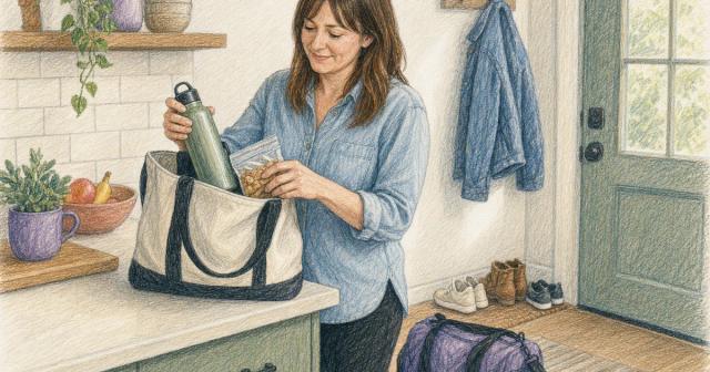 A woman packing a snack and water bottle into a bag by her entryway