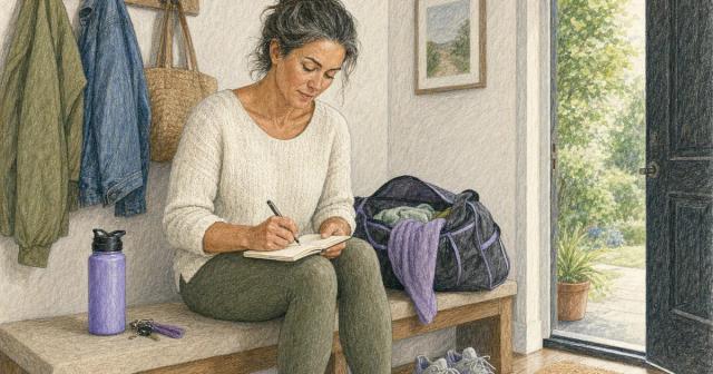 Woman sitting on an entryway bench beside a gym bag, writing a note in a small notebook