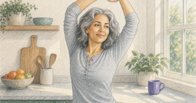 Woman stretching in a sunlit morning kitchen, waist up