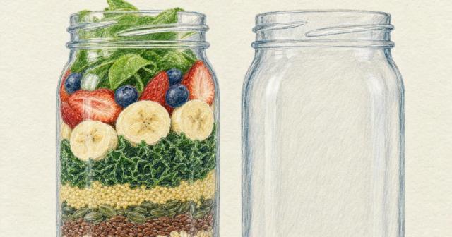 Two identical glass jars on a counter, one densely filled and one nearly empty