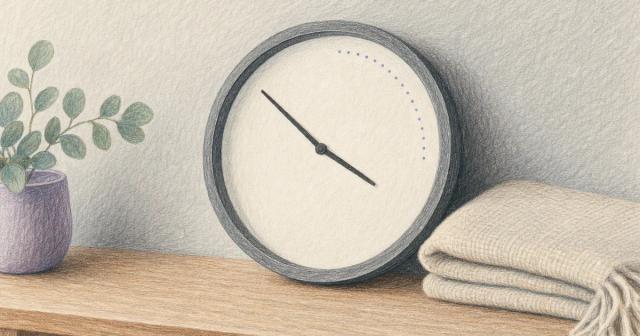 Blank numberless clock face with a faint dotted arc marking one quarter of the dial