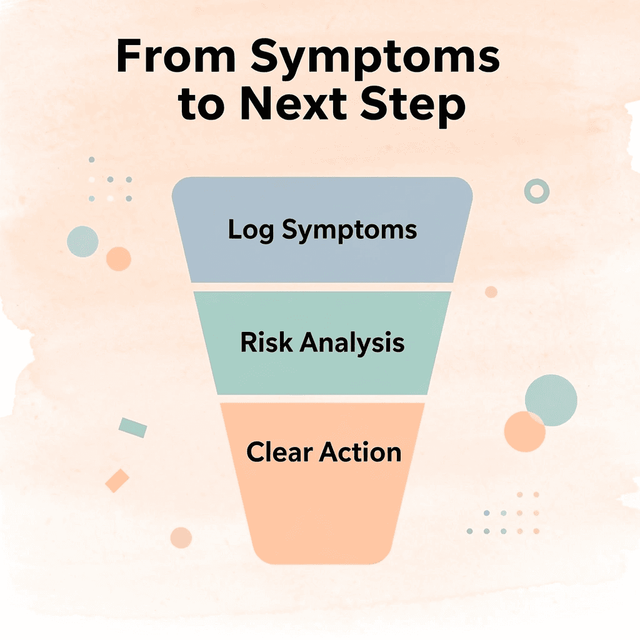 Funnel infographic showing the process from logging symptoms to receiving a clear next step