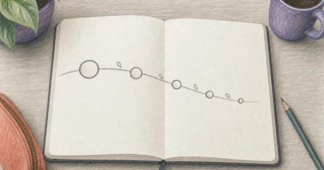 Hand-drawn arc across a sketchbook page with five circles that shrink along it