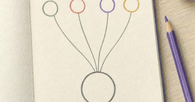 Notebook schematic of four small loops with lines converging into one larger circle