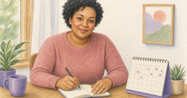 Woman writing in a notebook at a table beside a marked desk calendar