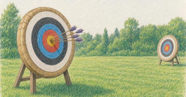 Archery range with arrows clustered in one target while a second target stands untouched