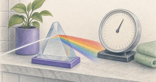 A prism splitting light into bands beside a scale showing one needle