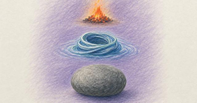 Vertical column: a glowing ember, a churning coil, and a heavy stone