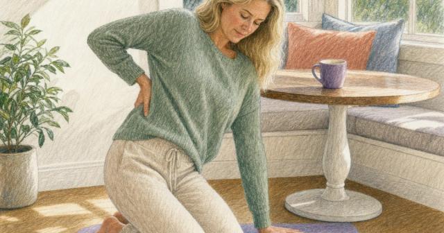 Woman pausing mid-stretch on a mat beside a sunlit breakfast nook table, hand on her lower back