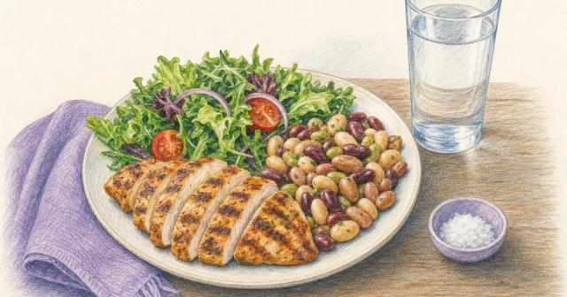 Protein plate with greens and beans beside a tall glass of water
