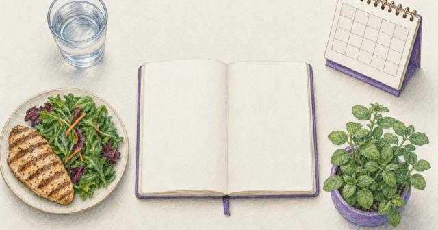 Overhead flat lay of a blank journal surrounded by a water glass, protein plate, calendar, and herb