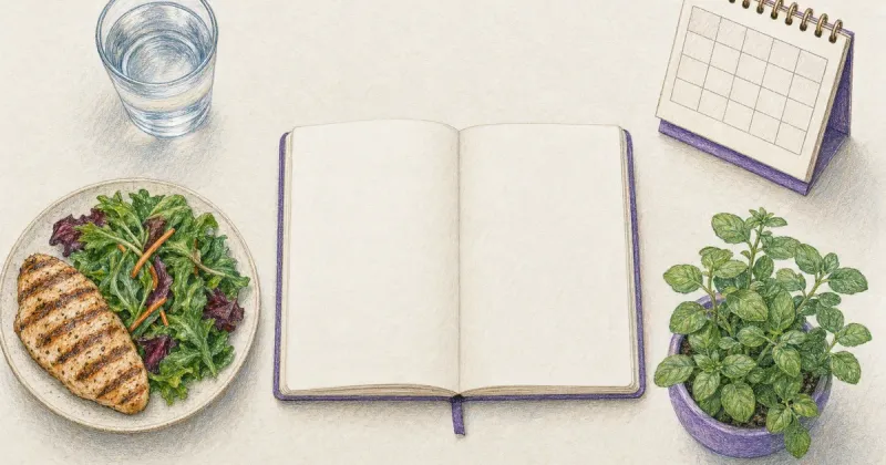 Overhead flat lay of a blank journal surrounded by a water glass, protein plate, calendar, and herb
