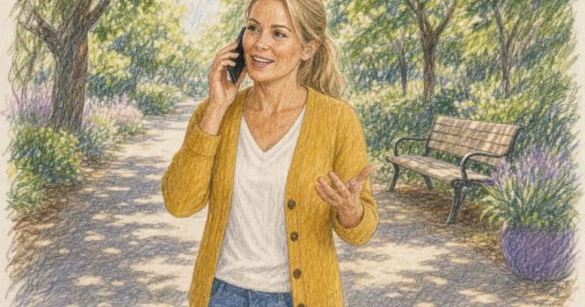 Person standing on a park path talking on the phone with a warm expression