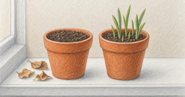 Two terracotta pots side by side, one with bare soil, one with new green shoots