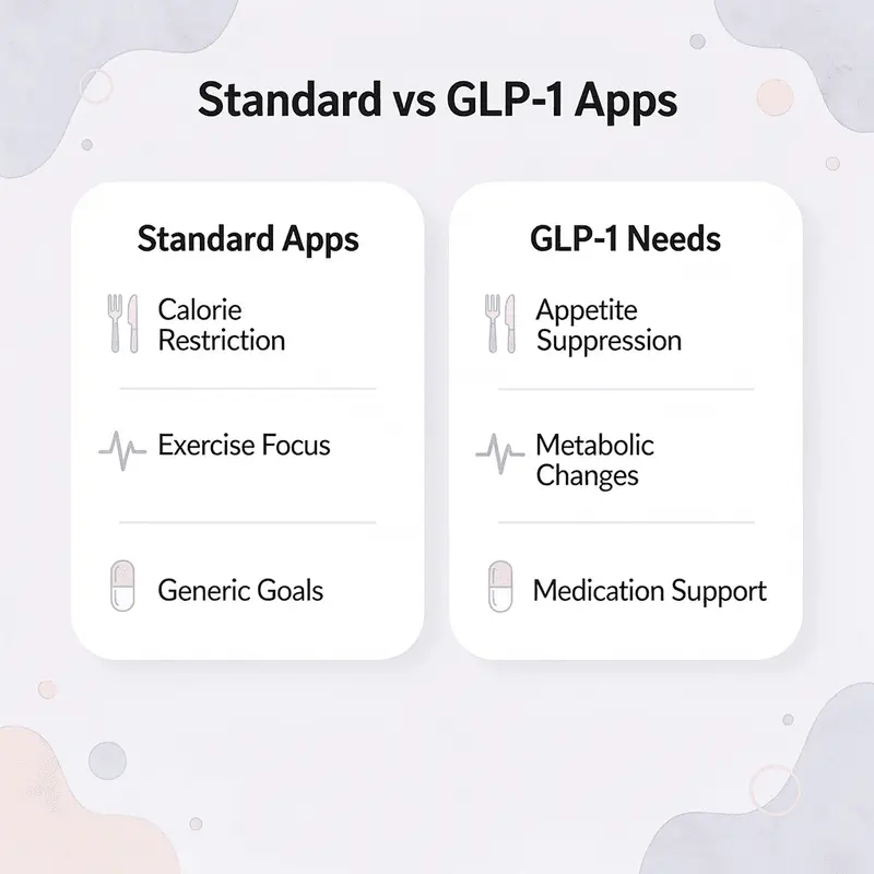 Comparison between standard weight loss apps and GLP-1 medication needs