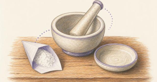 Ceramic mortar and pestle with a paper cone of white powder on a wooden bench