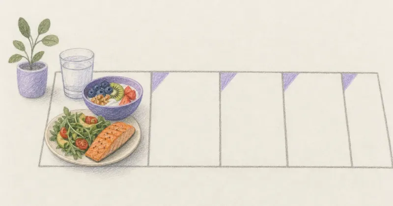 Row of daily cells, one filled with food and water, later ones left empty.
