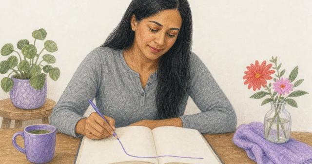 Open journal with a hand-drawn line that drops then levels off, beside a cup of tea