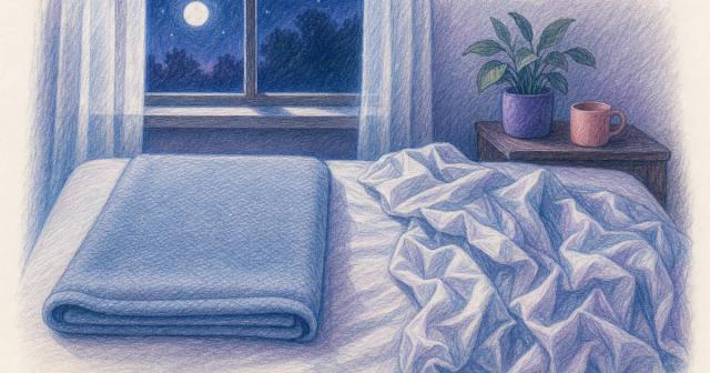 Folded calm blanket beside a twisted restless sheet on a moonlit bed