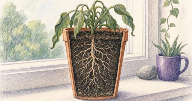 Cutaway potted plant with drooping leaves above healthy spreading roots