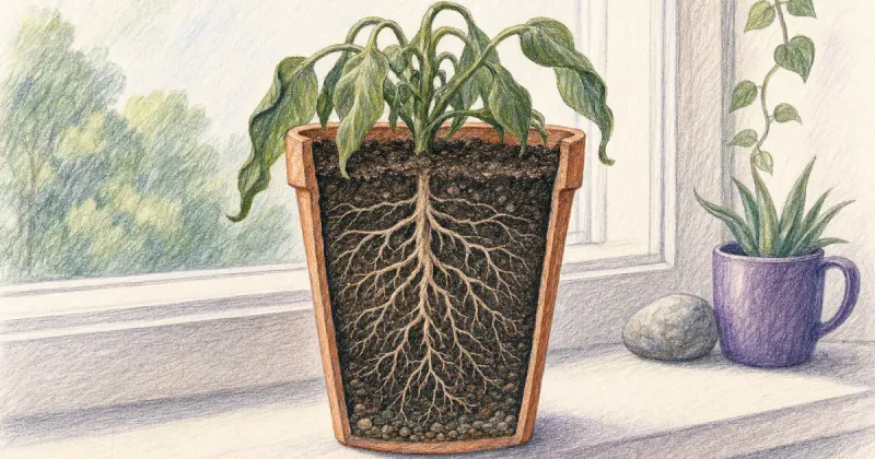 Cutaway potted plant with drooping leaves above healthy spreading roots