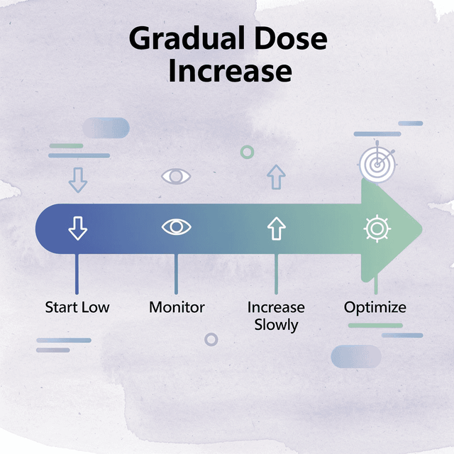 Progressive arrow showing gradual dose increase strategy