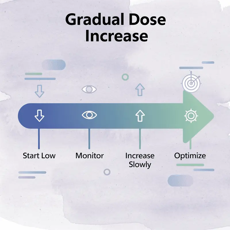 Progressive arrow showing gradual dose increase strategy