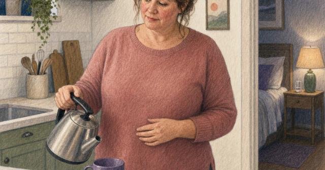Woman pausing while making tea in her kitchen at night, hand resting on her stomach