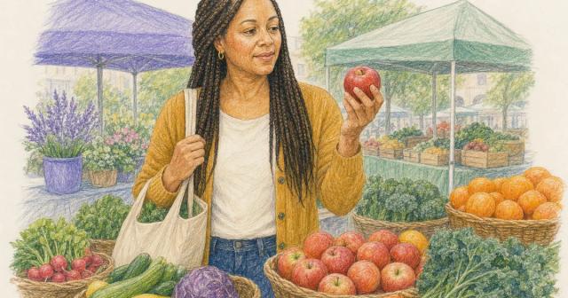 Woman at a market produce stall holding up an apple, tote on her shoulder