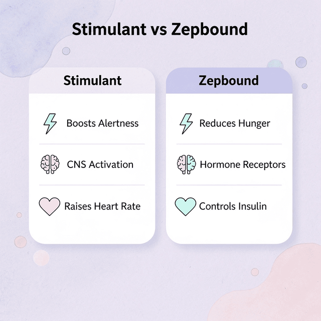 Infographic comparing stimulants to Zepbound across three key differences