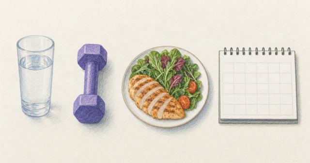 Overhead row of four items: glass of water, hand weight, plate of chicken and greens, blank calendar
