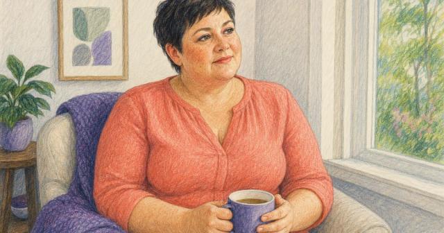 Woman seated by a window holding tea with a calm expression