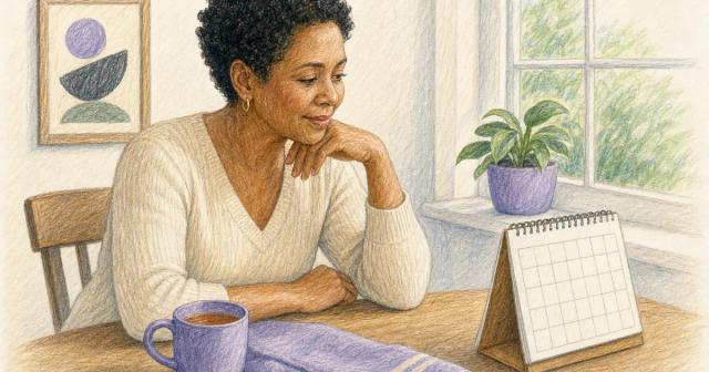 An open paper calendar and a warm mug on a sunlit wooden table