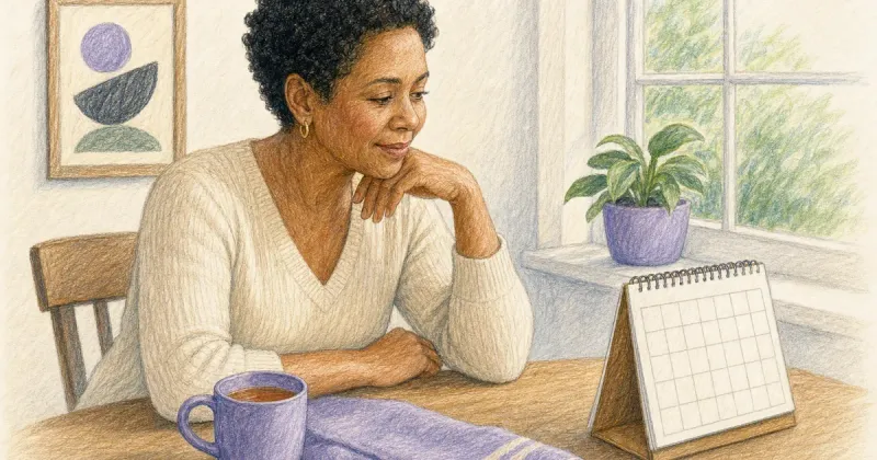 An open paper calendar and a warm mug on a sunlit wooden table