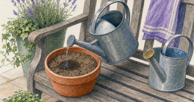 A watering can pours a thin slow stream into dry cracked soil in a terracotta planter