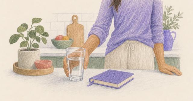 Hand placing a glass of water beside a notebook on a sunlit counter