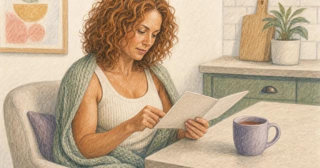 Person wrapped in a blanket in an armchair at a kitchen counter, reading a booklet in morning light