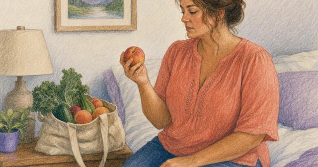 Woman sitting on her bed at dusk, pausing while sorting produce from a market tote
