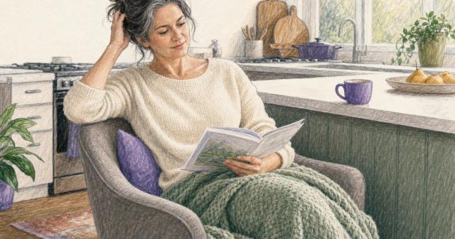 Woman reading in an armchair beside a kitchen counter, blanket on her lap, morning light