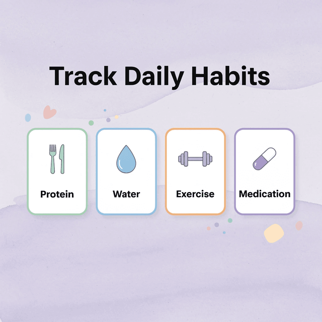Four cards showing daily habits to track: protein, water, exercise, and medication