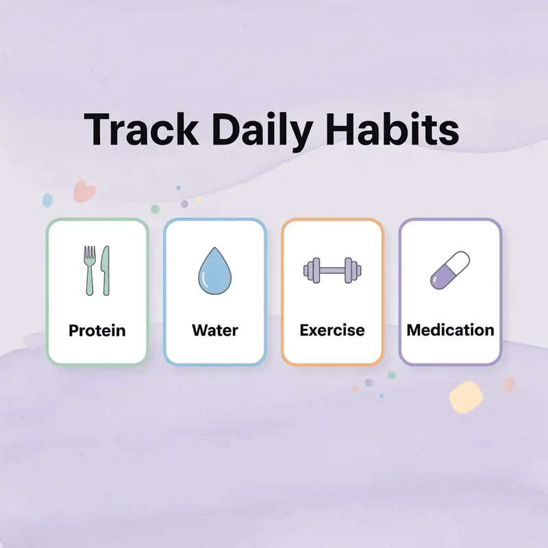 Four cards showing daily habits to track: protein, water, exercise, and medication