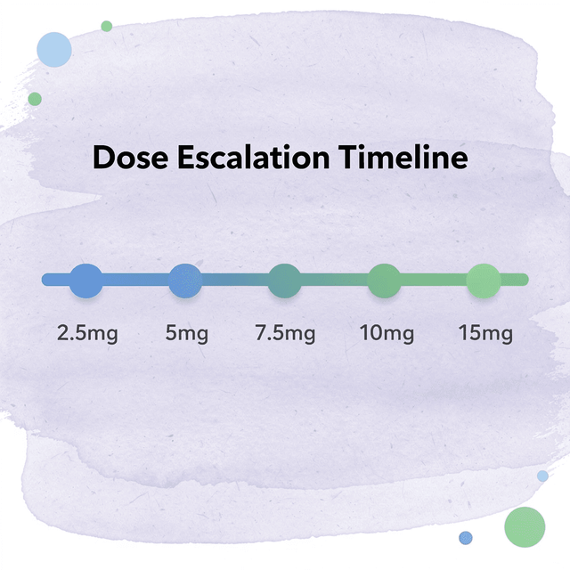 Timeline showing tirzepatide dose escalation from 2.5mg to 15mg