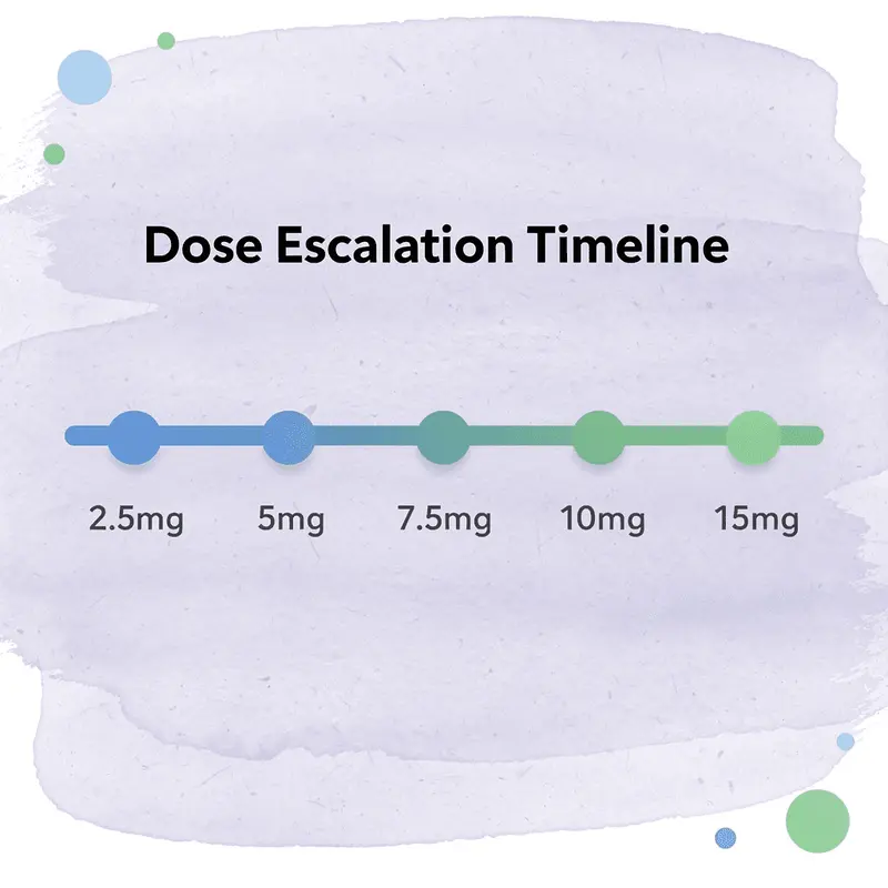 Timeline showing tirzepatide dose escalation from 2.5mg to 15mg