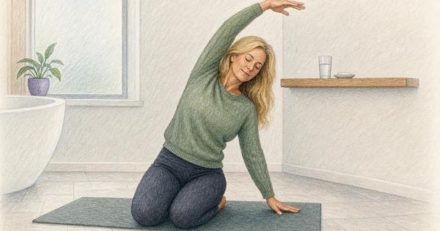 Person stretching on a mat in a spare bathroom beside a nearly bare shelf
