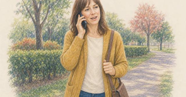 Woman standing on a park path talking on her phone in morning light
